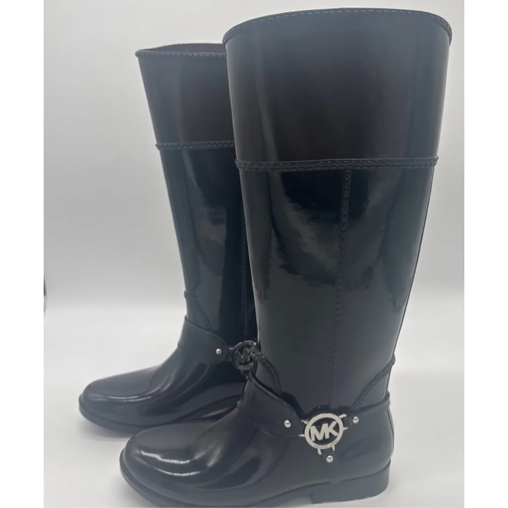 MICHAEL KORS Tall Black Brown Rain Boots with Silver MK Logo, Size 8